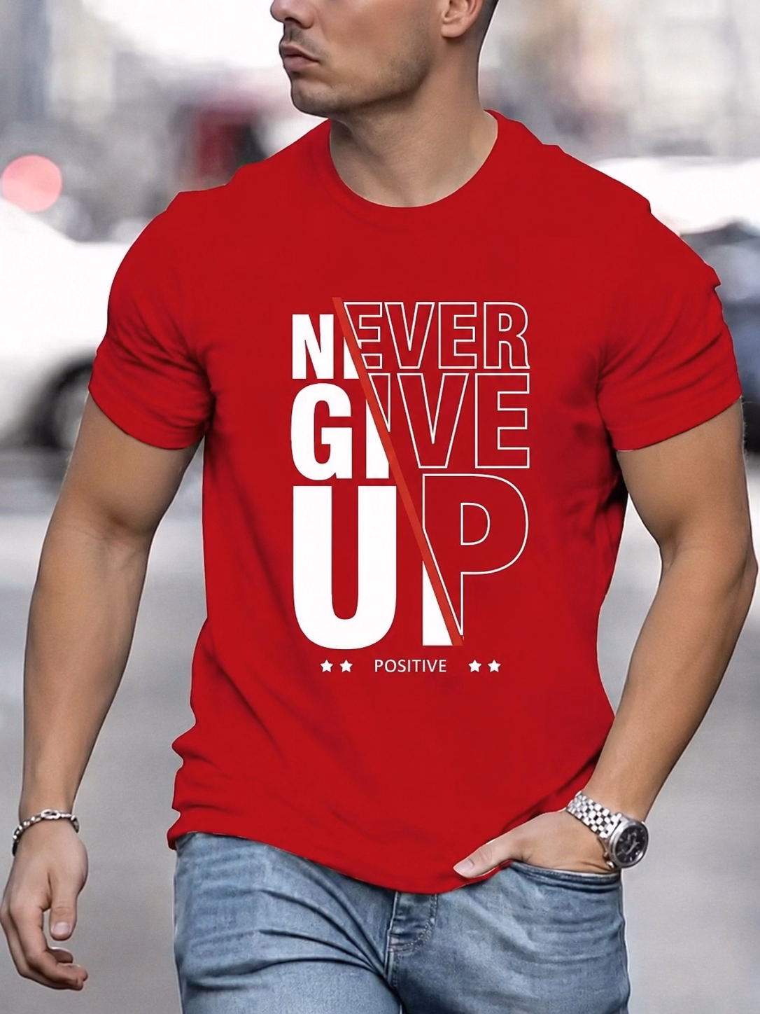 Men & NEVER GIVE UP Graphic Printed T-Shirt
